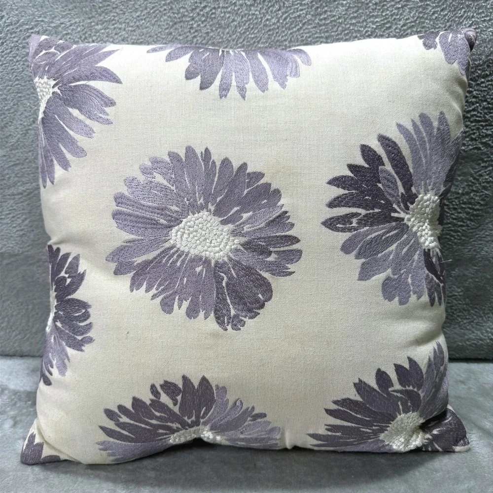 Pier 1 Embroidered Lavender Floral Throw Pillow Boho Cream Decorative Cushion